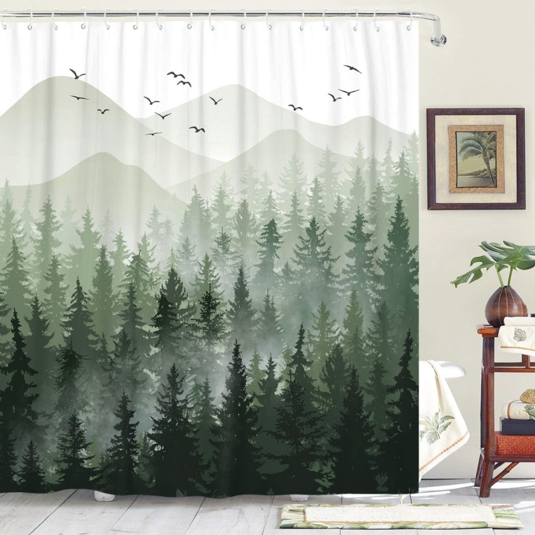 Accnicc Green Misty Forest Shower Curtain Set Ombre Sage Green White Waterproof Fabric Shower Curtains Nature Tree Mountain Woodland Decorative Bathroom Bath Curtain Decor (72&#39;&#39; &Atilde;&mdash; 72&#39;&#39;, Green)