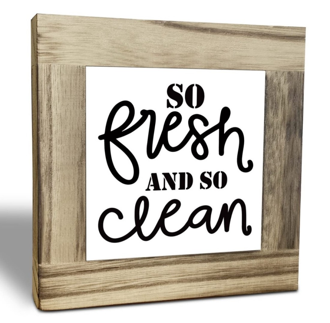 EDCTO Wood Plaque Sign, So Fresh So Clean, Decorative Signage for Bathroom, 4.3x4.3x0.7inch