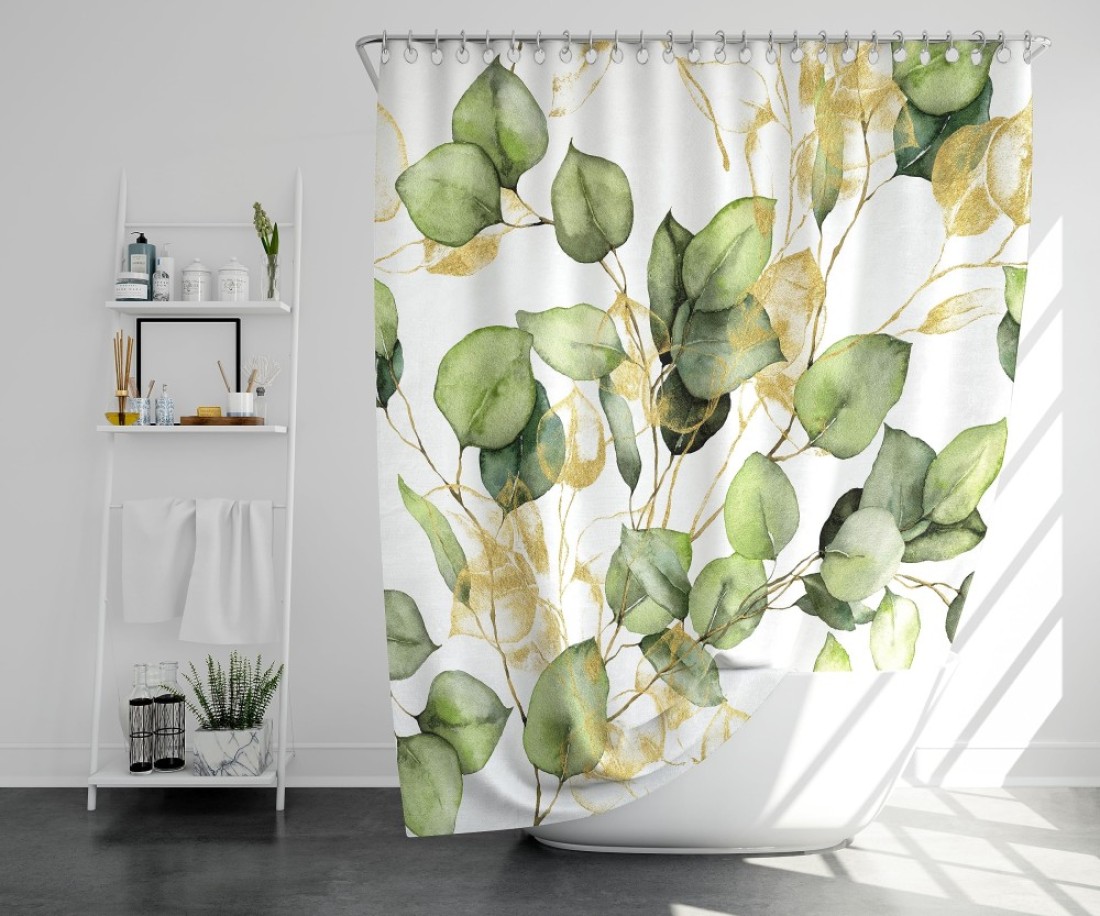 Tritard Green Eucalyptus Shower Curtains Gold Green Leaves Shower Curtain Natural Plants Botanical Shower Curtain for Bathroom Durable Waterproof Fabric Machine Washable with 12 Hooks, 72X72 Inches