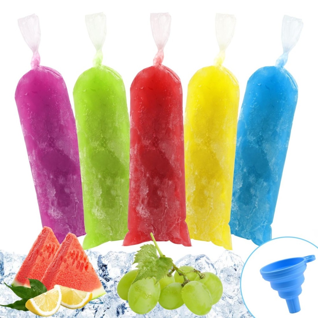 BokingOne Ice Lolly Bags Disposable, Ice Cream Mold Bags with Silicone Funnel. 3 x 10 inches Plastic Ice Candy Bags for Making Bolis/Ice Creams Yogurt Candy (Clear - 220 Pcs)