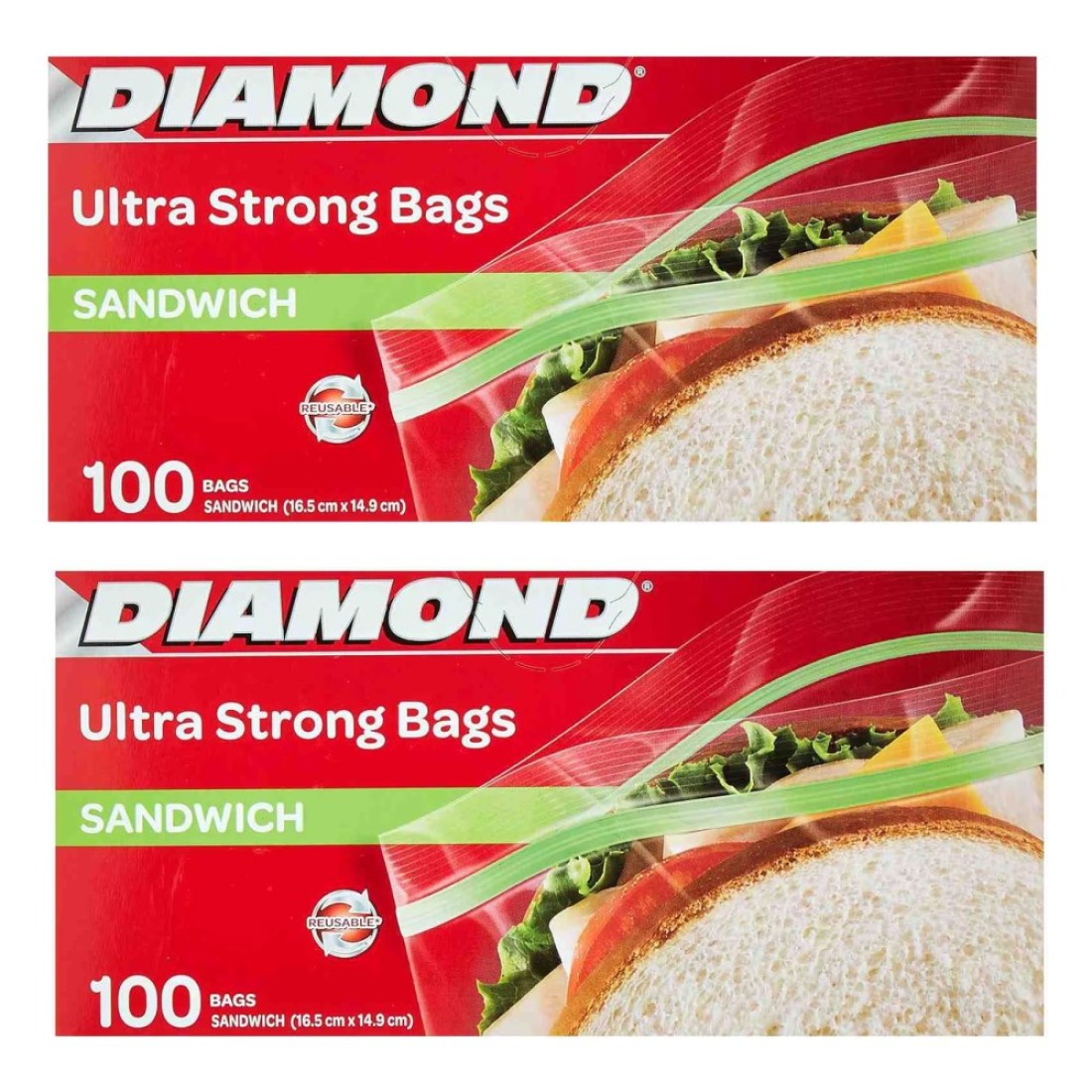 Diamond Ultra Strong Zipped Sandwich Bags 100 Bags 16.5x14.9cm Pack of 2