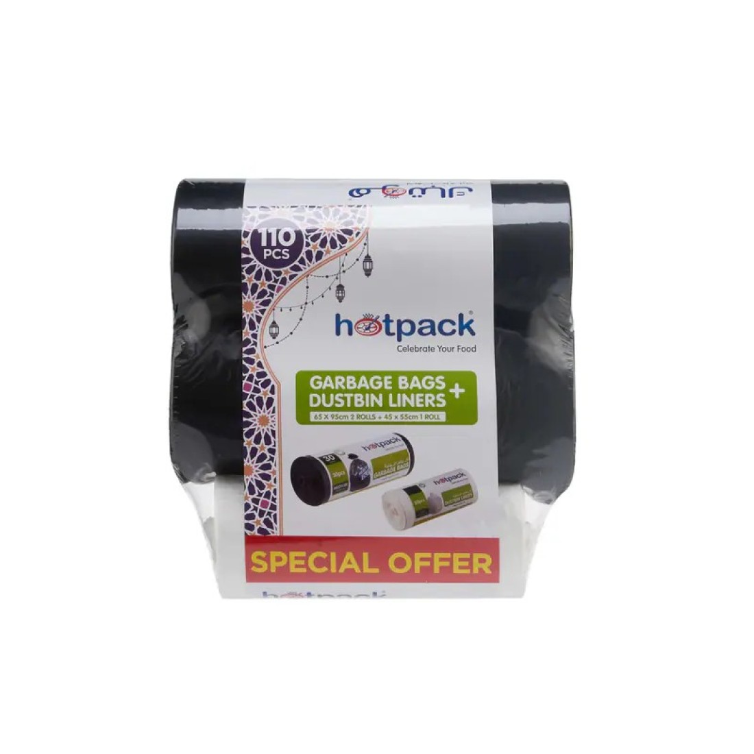 Hotpack Heavy Duty Garbage Bag Black 30 Gallon 65x95cm 2 Rolls + White Dustbin Liner Garbage Bag 5 Gallon 45x55cm 1 Roll, Offer Pack