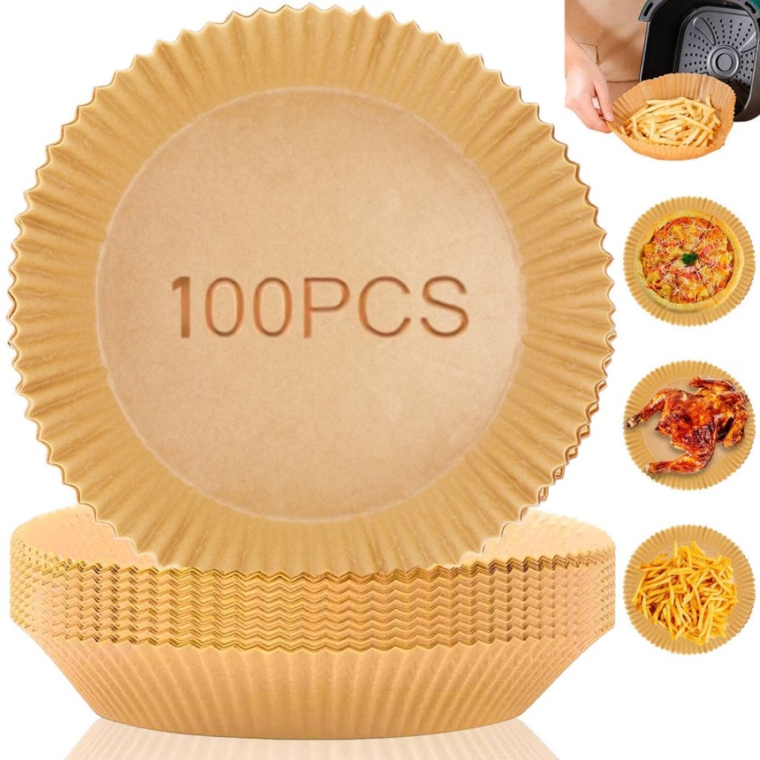 Marrkhor 100Pcs Air Fryer Disposable Paper Liner Round Natural Parchment Paper For Air Fryer, Non-Stick Oil-Proof Food Grade Paper Liner For Baking Roasting Microwave