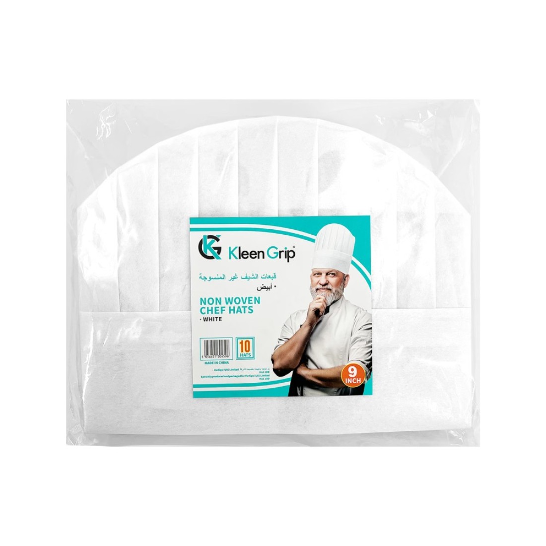 Kleen Grip Disposable Chef Hats White 9&quot; 60gsm non woven 10pcs/Bag
