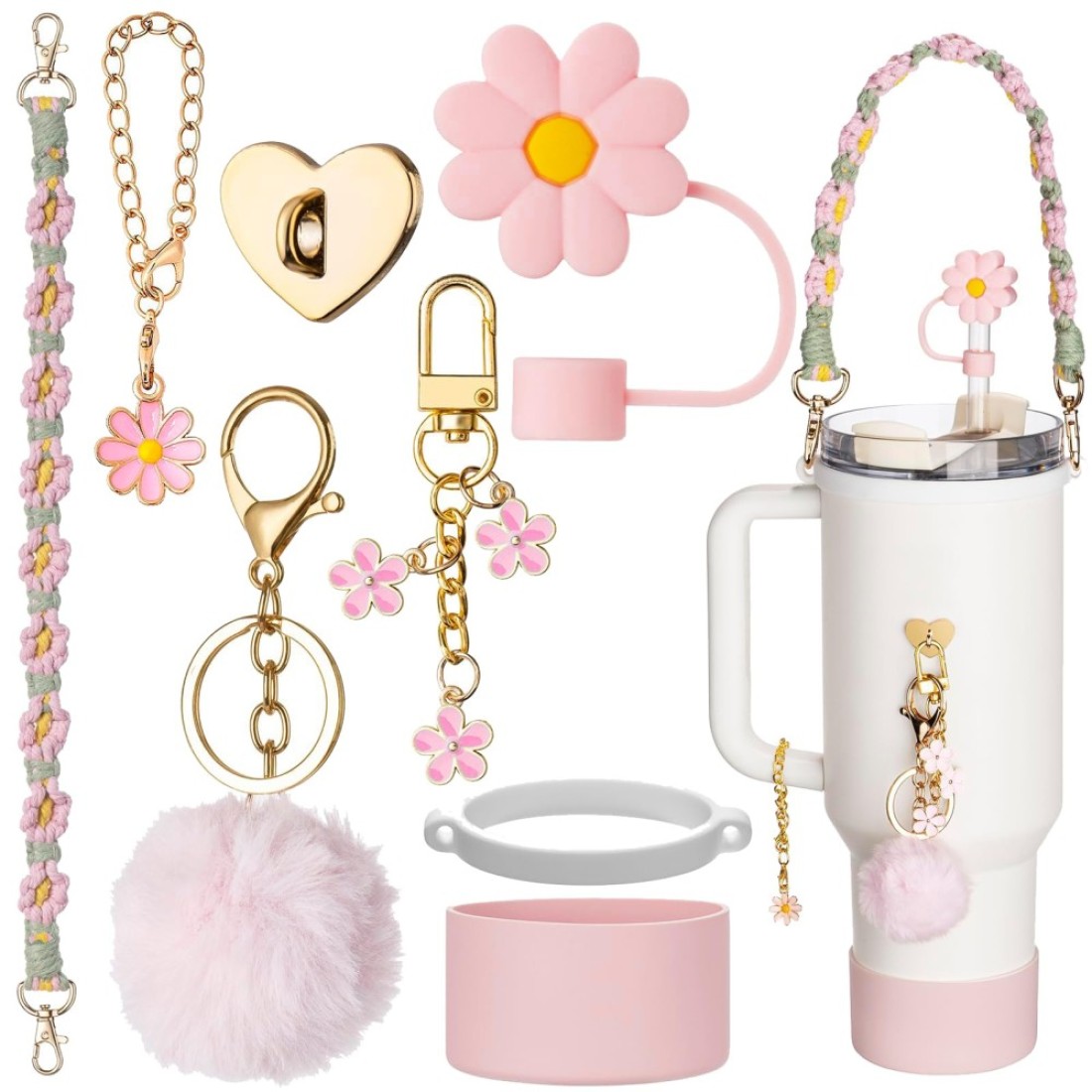 Stanley Cup Accessories with Handle Strap - Including Straw Topper, Water Bottle Strap, Silicone Stanley Boot, Cute Keychain Charms for Stanley 30oz 40oz Tumbler with Handle