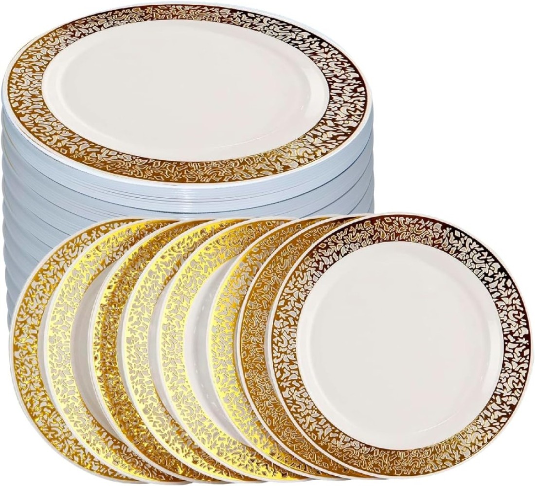 9&quot; Disposable Plastic Plates, White &amp; Gold Color, 35g Weight, Pack of 120 Plates
