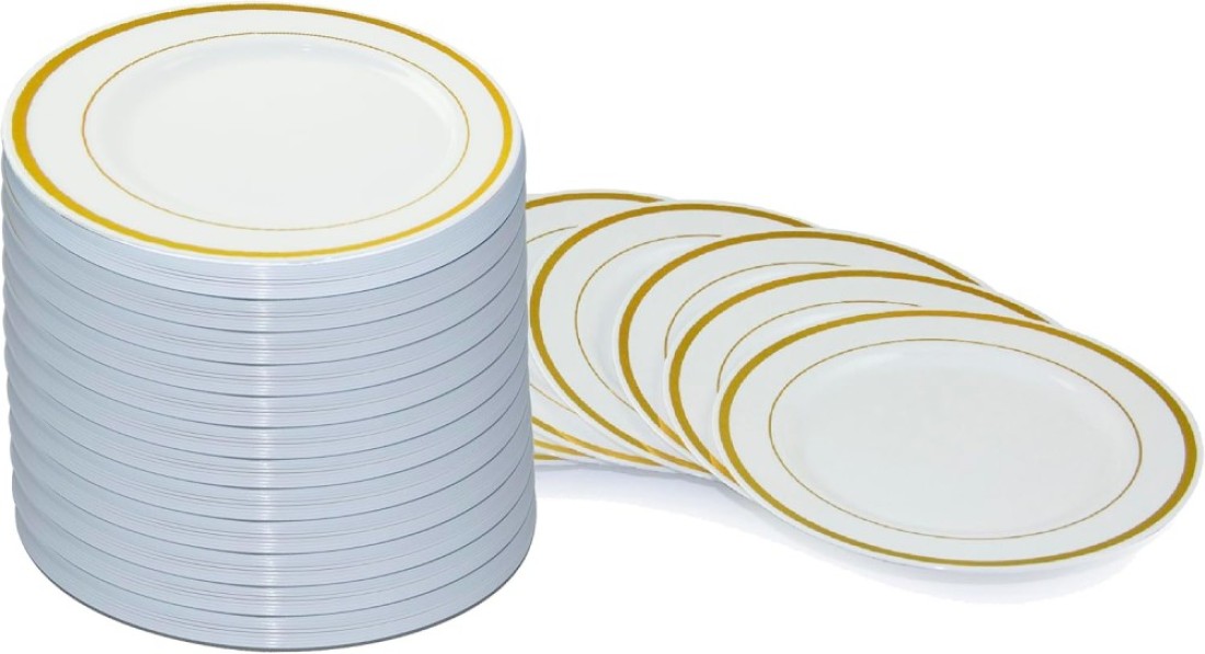 7.5&#39;&#39; White &amp; Gold Disposable Plastic Plates &ndash; 24g, Sturdy &amp; Elegant &ndash; Pack of 120 plates
