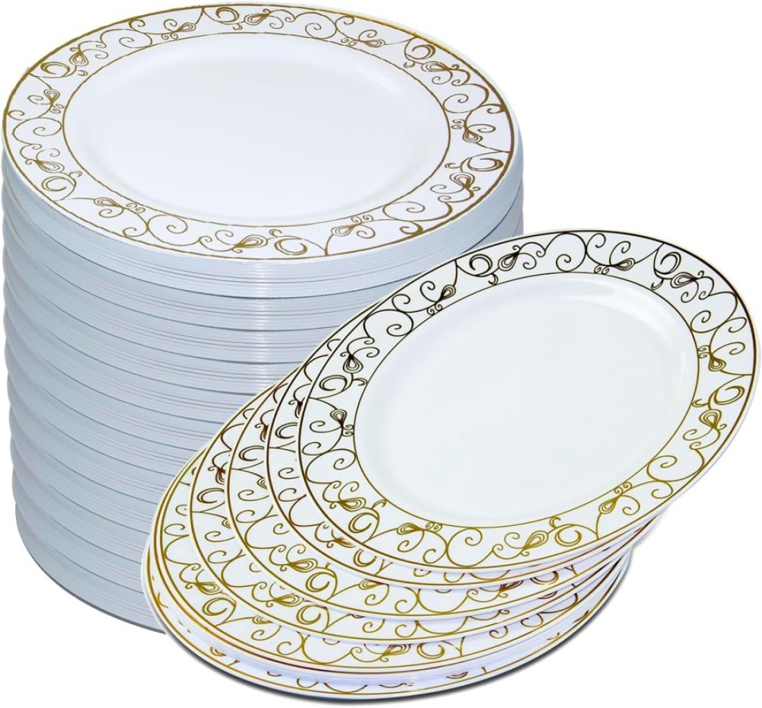 7.5&#39;&#39; White &amp; Gold Disposable Plastic Plates &ndash; 24g, Sturdy &amp; Elegant &ndash; Pack of 120 plates