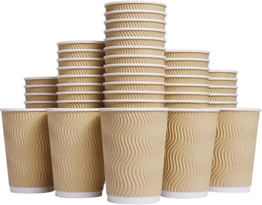 MahMir&reg; 12oz. Brown Disposable Ripple Insulated Coffee Cups - Eco-Friendly Disposable Cups - Hot Beverage Corrugated Paper Cups - Sleeve Ripple Wall Paper Coffee Cups for Drink -Tea Cup (12oz. 100pcs)