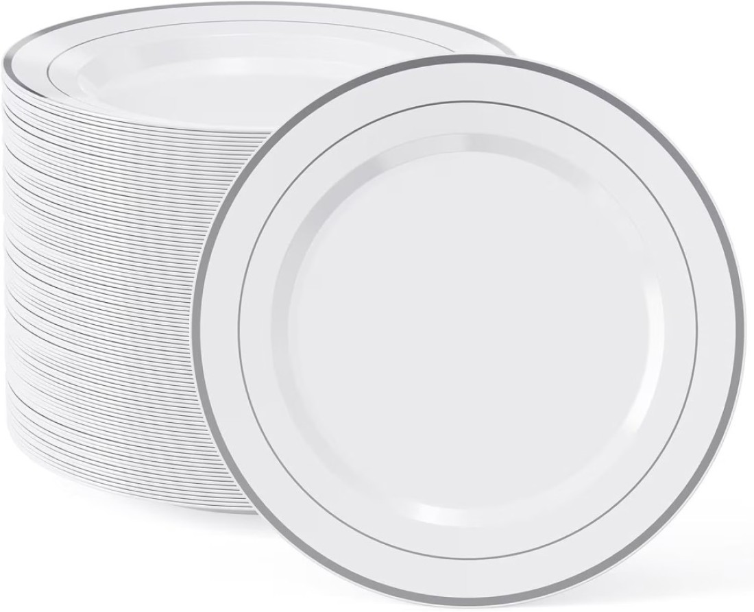 10&quot; Disposable Plastic Plates, White &amp; Gold Color, 46g Weight, Pack of 120 Plates