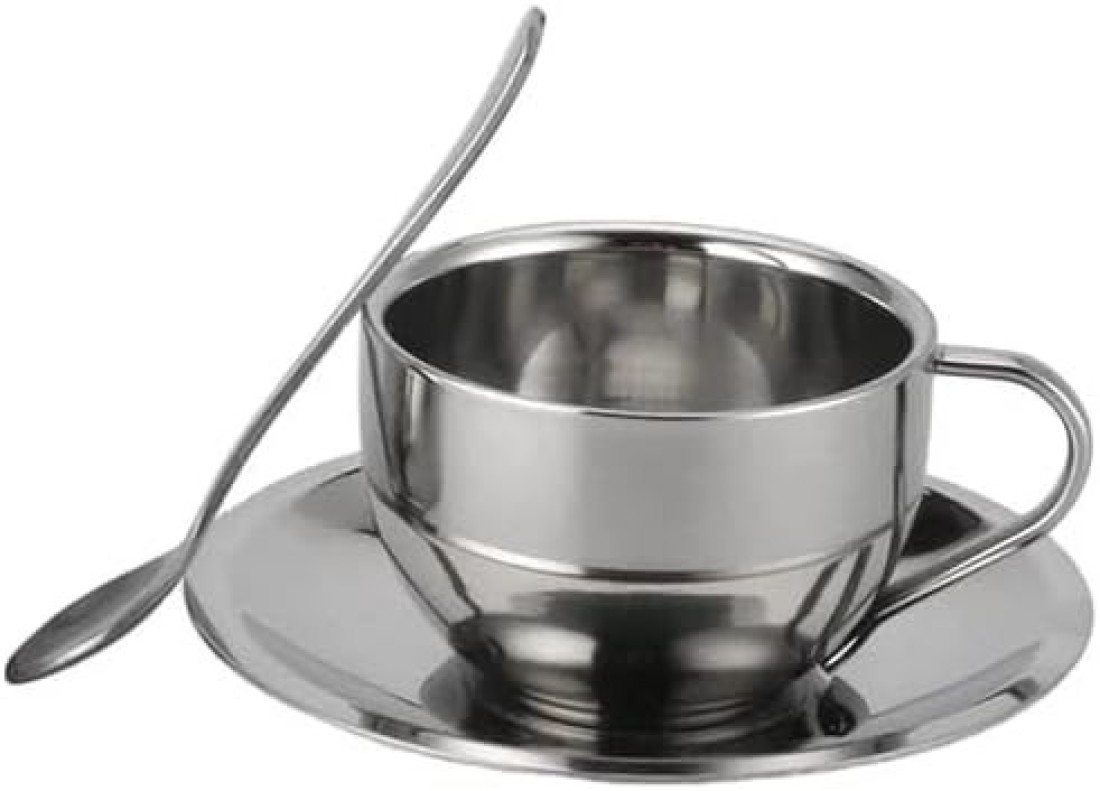 Liying 2Pcs Insulated Espresso Cup Stainless Steel Coffee Mugs Set (180ml), Double Walled Coffee Cup with Saucer and Spoon, Espresso Latte Cappuccino Milk Tea Cup
