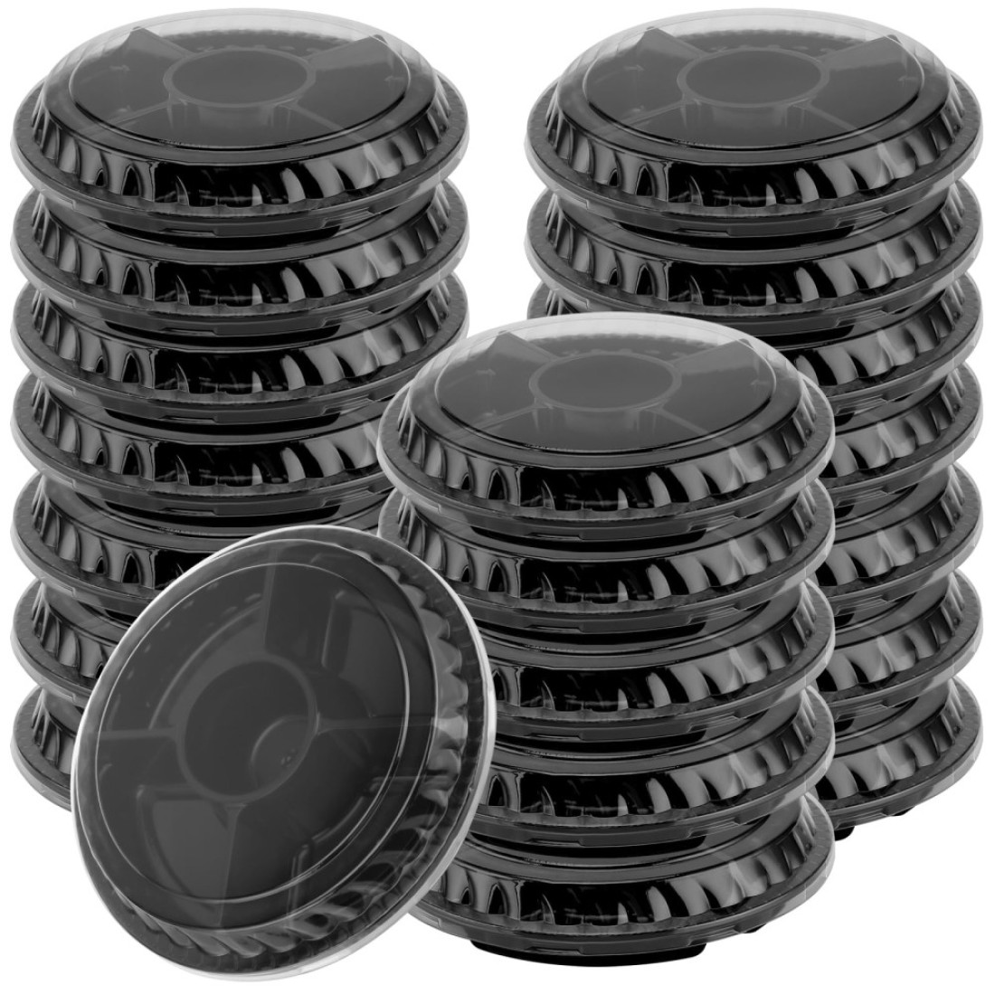 JEUIHAU 20 PCS Disposable Fruit Tray with Lid, Black Plastic Veggie Tray, Fruit Platter Tray with Lid Round Plastic Appetizer Tray for Party, Picnic, Buffet, 9.6 Inches