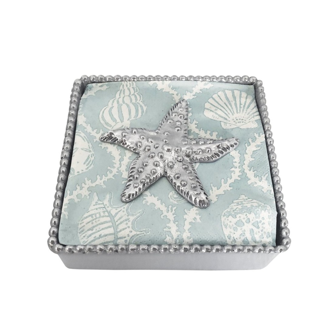 MARIPOSA SEA STAR BEADED NAPKIN BOX SET SILVER BRILLANTE GIFTS NAPKIN BOX &amp; WEIGHT SET RECYCLED SANDCAST ALUMINUM HANDMADE IN MEXICO