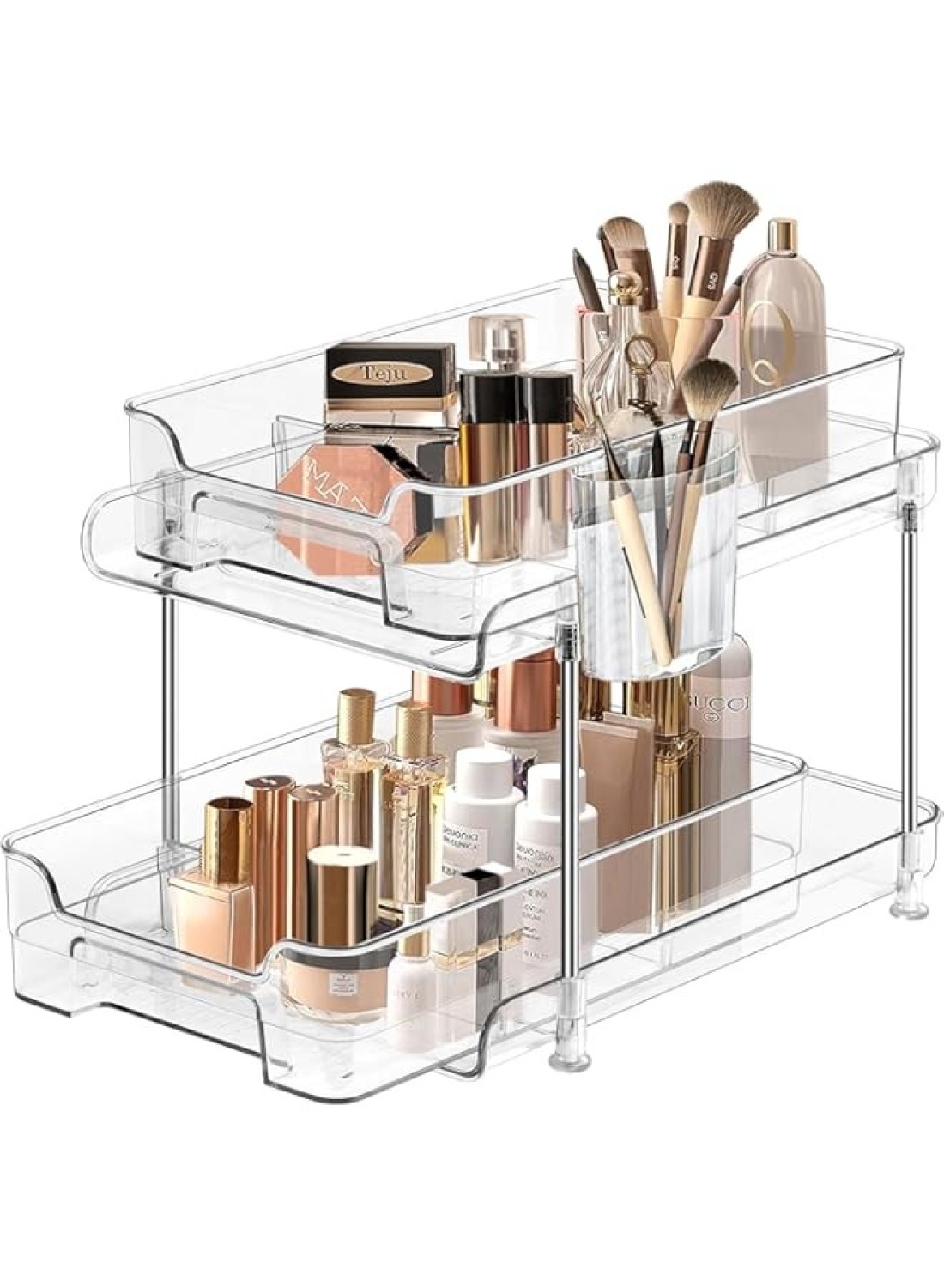 Yoawllty Under Sink Organizer, 2-Tier Bathroom Cabinet Organizer, Clear Organizers storage with Dividers and Cups, Multi-Purpose Slide-Out Storage Container for Cabinet, Fridge, Kitchen, Makeup