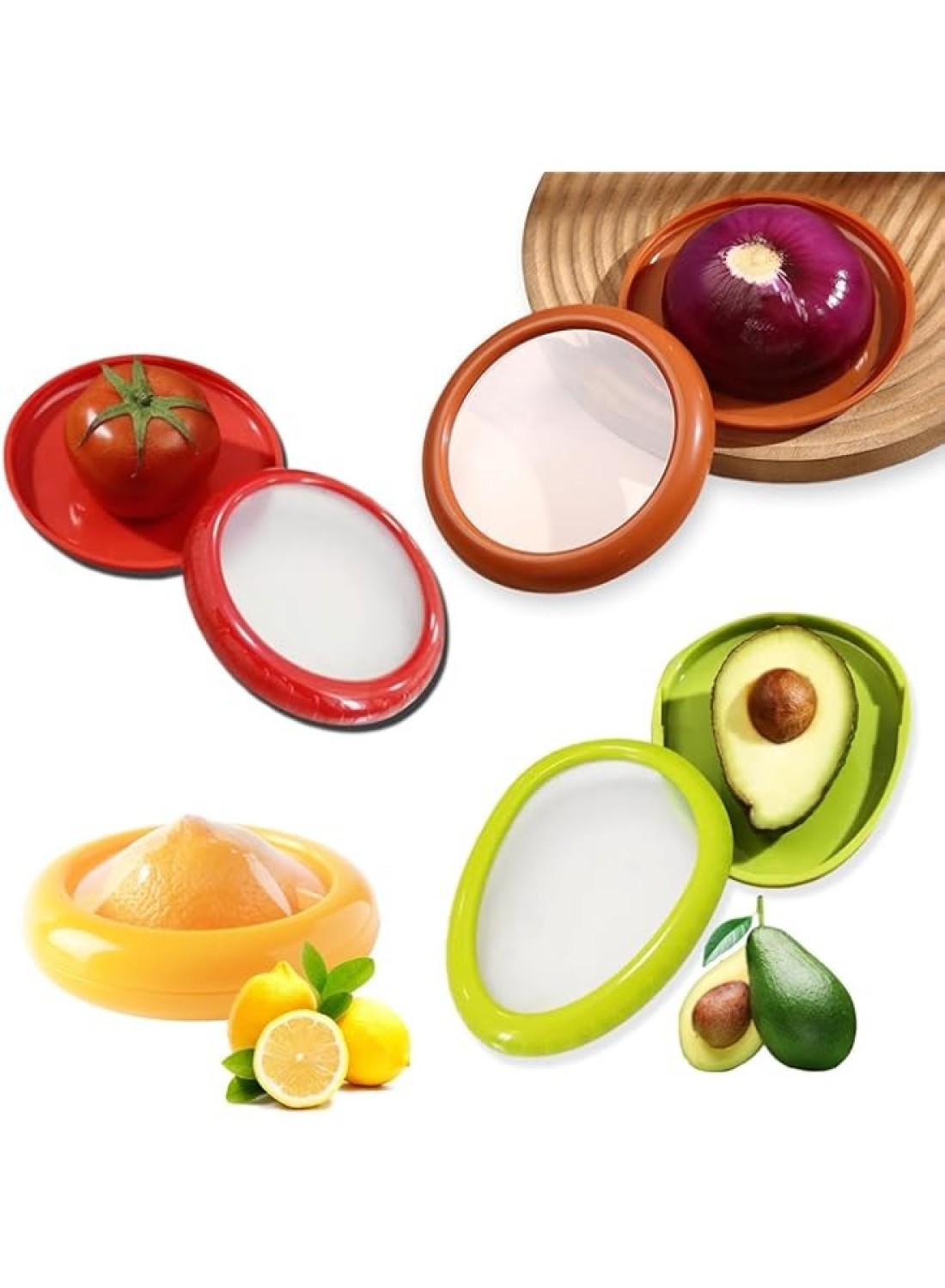 SANZEZ COOLive 4Pack Fruit Vegetable Storage Holder Set - Avocado Onion Saver Box - Silicone Storage Containers for Fridge Keep Fresh