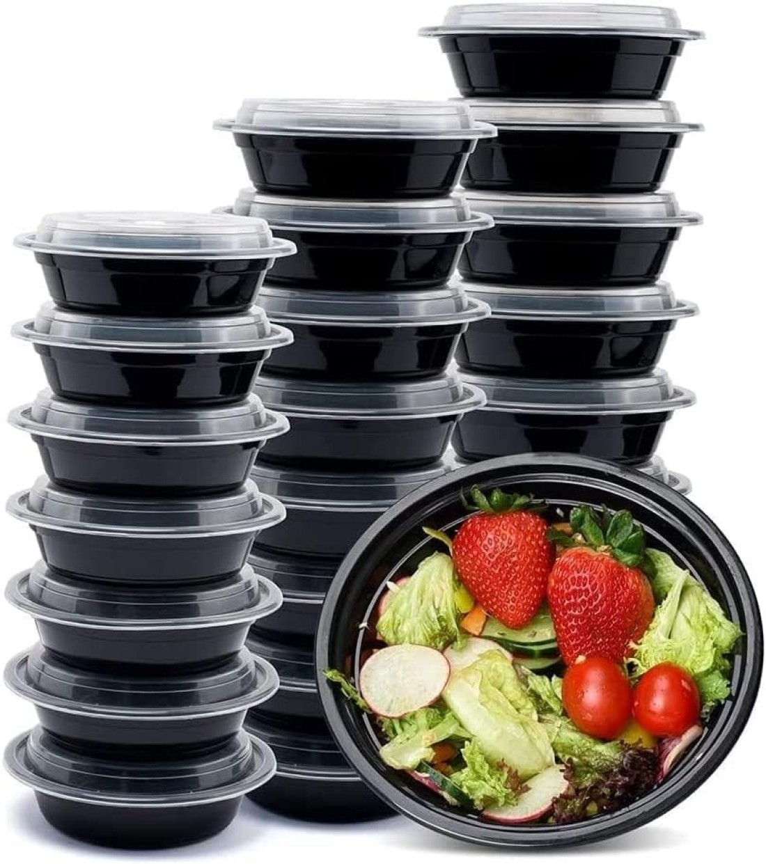 Go2Camps Alsaqer [20 Pack] Compartment Round Black Base With Lids Food Storage Container(32 Oz) Ro32, Disposable Food Container, Meal Containers, Lunch Boxes Microwave, Freezer Safe (1 - Compartment)