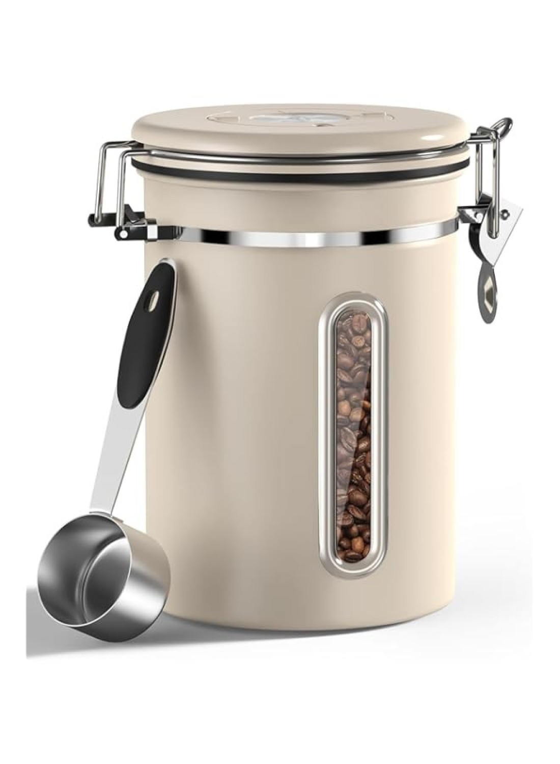 U-HOOME Airtight Coffee Canister,22OZ Stainless Steel Coffee Bean Storage Container w/Date Tracker,Window &amp;Measuring Scoop,Kitchen Food Storage Container for Grounds Coffee,Beans&amp;Tea (Beige)