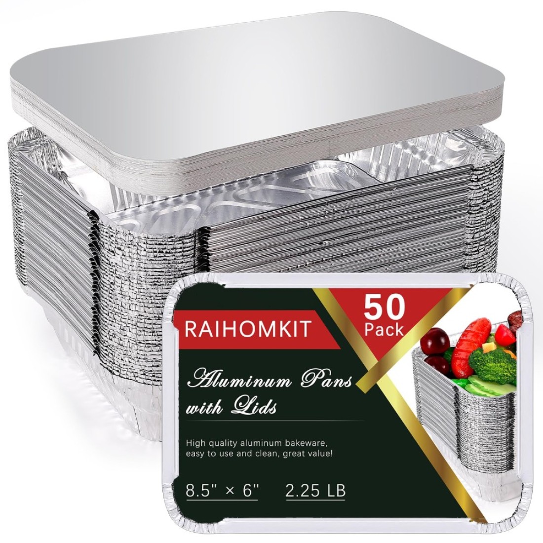 RAIHOMKIT 50 Pack Aluminum Pans with Lids,Disposable Aluminum Foil Pans,2.25lb Tin Pans Disposable,Aluminum Baking Pans,Tin Foil Pans with Lids for Cooking Heating Roasting Prepping Food,8.7&quot; x 6.2