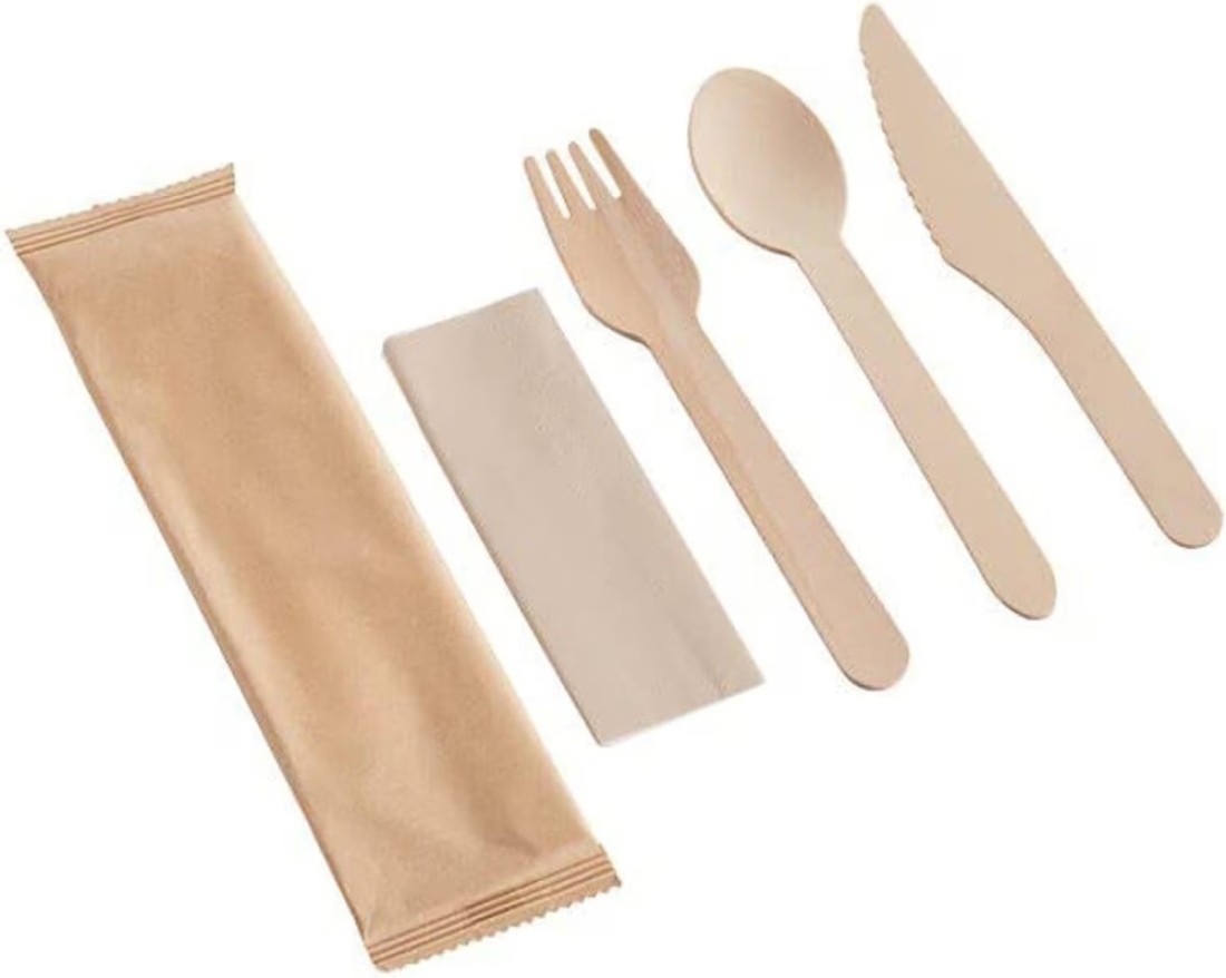 LAVISH [20 Pack] Biodegradable Wooden Cutlery Set with Napkin &ndash; Eco-Friendly &amp; Compostable Utensils &ndash; Disposable Knife, Fork, Spoon, and Napkin for Weddings, Parties &amp; Picnics