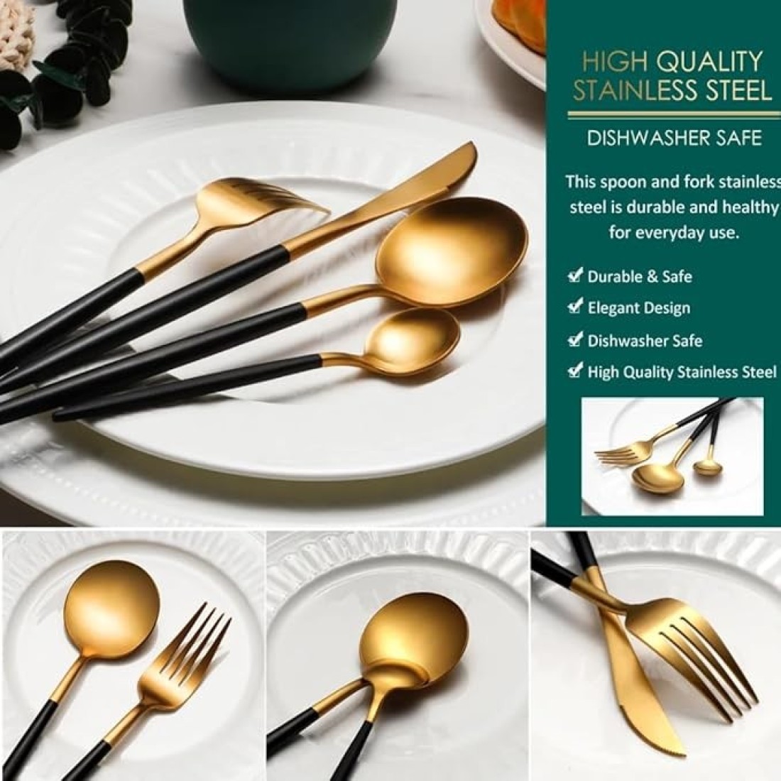 MAAC Home Regal Black and Gold Silverware Selection - Set of 8 Luxurious Elegant Durable and Classic Premium Design Cutlery Set Perfect for everyday use, and get together, restaurant, banquet