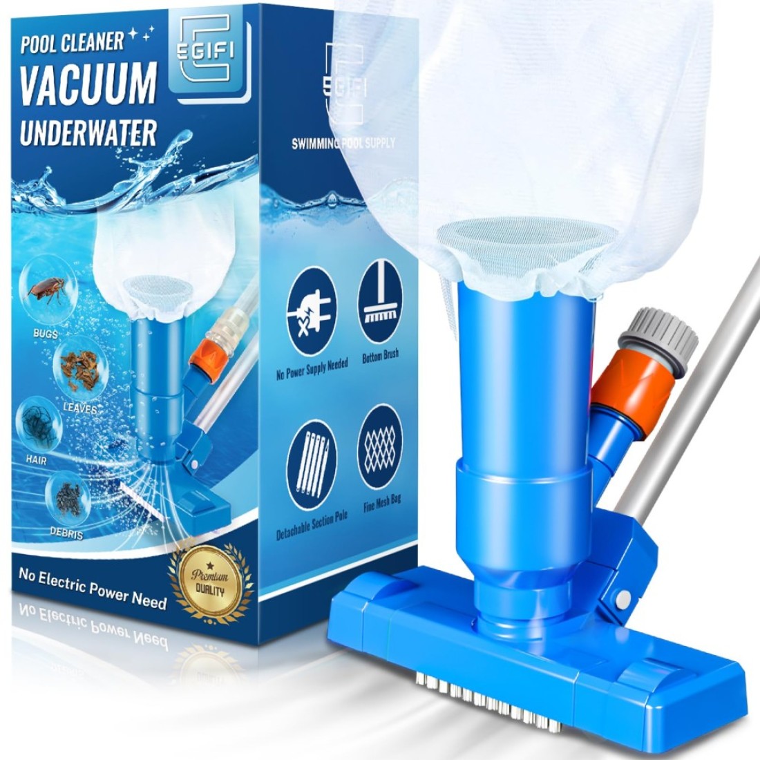 Portable Pool Vacuum for Above Ground Pool, Jet Underwater Cleaner with 3 Scrub Brush, Mesh Bag and 5 Section Pole of 47&quot;, Attach to Common Garden Hose, Light Blue