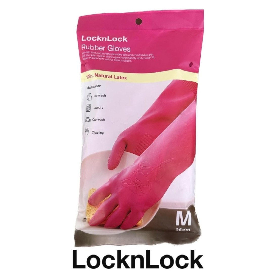 LocknLock Pink Rubber Gloves (M) 36cm - Non-Slip Grip, Comfortable Fit, Ideal for Household Cleaning