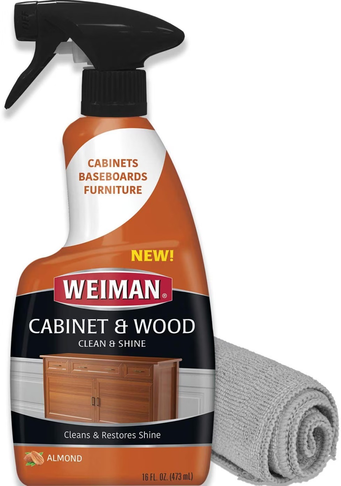 Weiman Cabinet &amp; Wood Clean &amp; Shine Spray - Furniture, Kitchen Cabinets, Baseboard &amp; Trim, Fresh Almond Scent, Microfiber Cloth Included