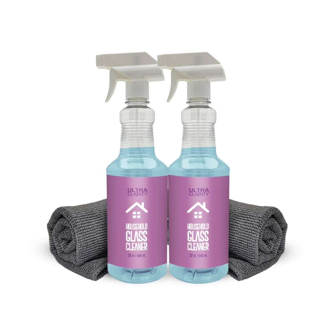 Ultra Clarity Powered by NANO MAGIC Home Glass Window Cleaner 2-Pack 2 32 oz Spray &amp; 2 Large Premium Microfiber Cloths Optical-grade Safe on Glass, Mirrors, TV Monitors Streak &amp; Haze Free