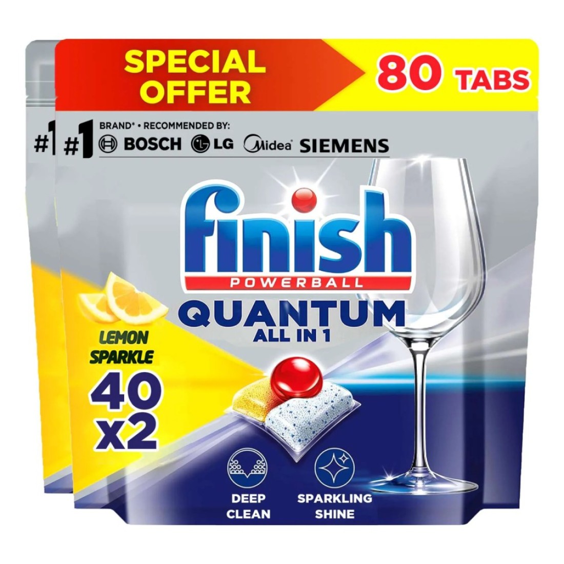 Finish Quantum All-in-1 Powerball Dishwasher Tablets Lemon Sparkle 40 Tablets Pack of 2