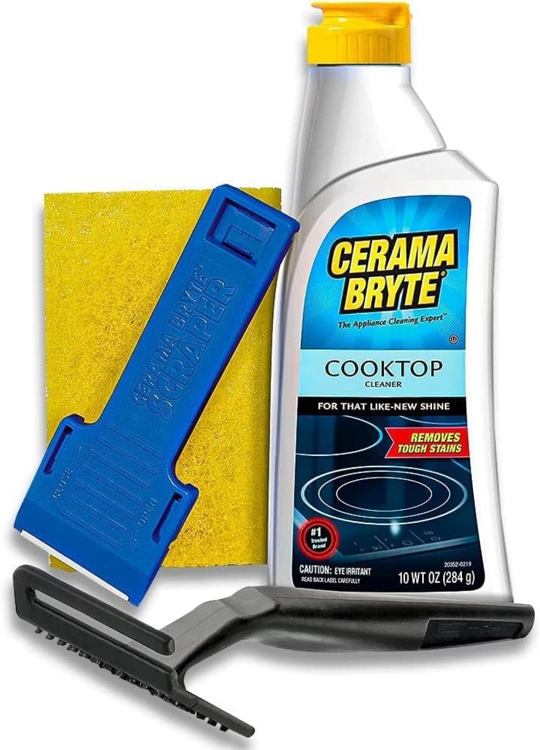 Cerama Bryte Combo Kit POWR Grip Scraper Pad Removes Tough Stains Cooktop and Stove Top Cleaner for Glass Ceramic Surfaces 10 Ounces 4 Piece