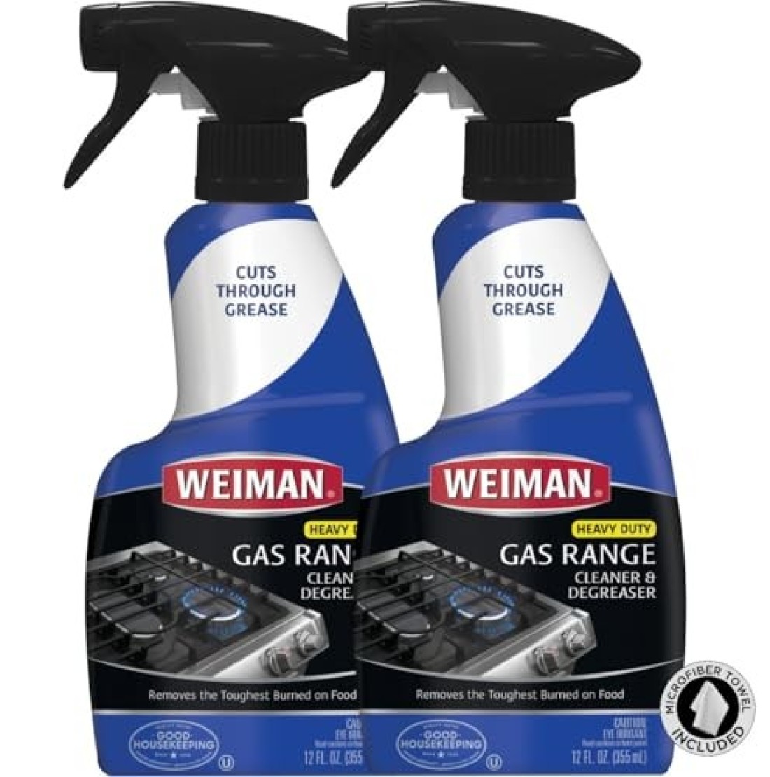 Weiman Heavy Duty Gas Range &amp; Stove Top Cleaner and Degreaser - 2 Pack, 24 Ounces with MicroFiber Cleaning Towel