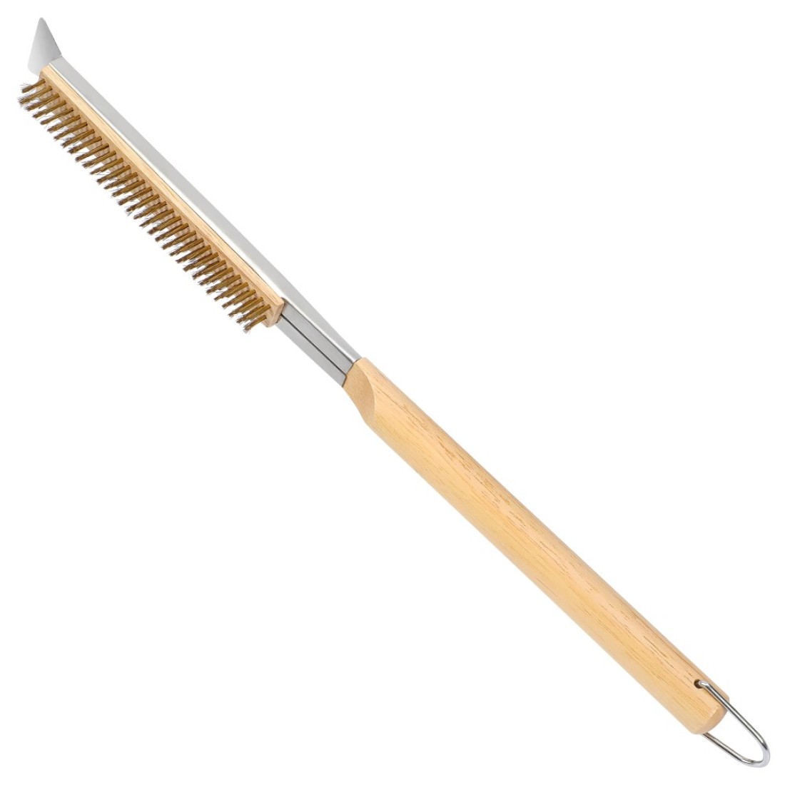 21&#39;&#39; Pizza Oven Brush with Stainless Steel Stone Scraper - Brass Bristles - Wood Handle - Hanging Ring - Outdoor Pizza Oven Accessories - Compatible with Ooni, Gozney, Blackstone, Solo Stove Ovens
