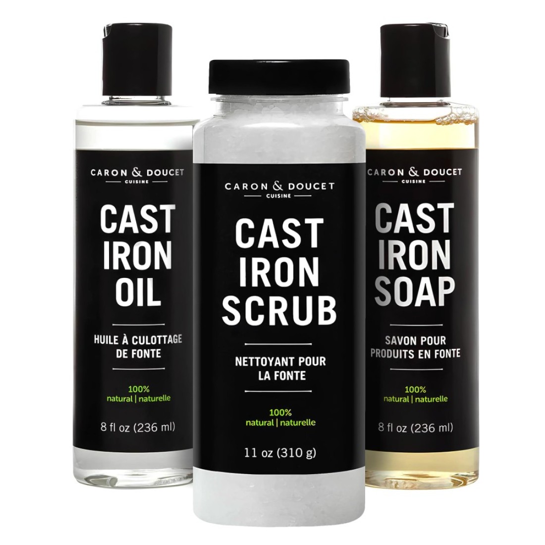 CARON &amp; DOUCET - Ultimate Cast Iron Set: Seasoning Oil, Cleaning Soap &amp; Restoring Scrub 100% Plant-Based &amp; Best for Cleaning Care, Washing, Restoring &amp; Seasoning Skillets, Pans &amp; Grills!