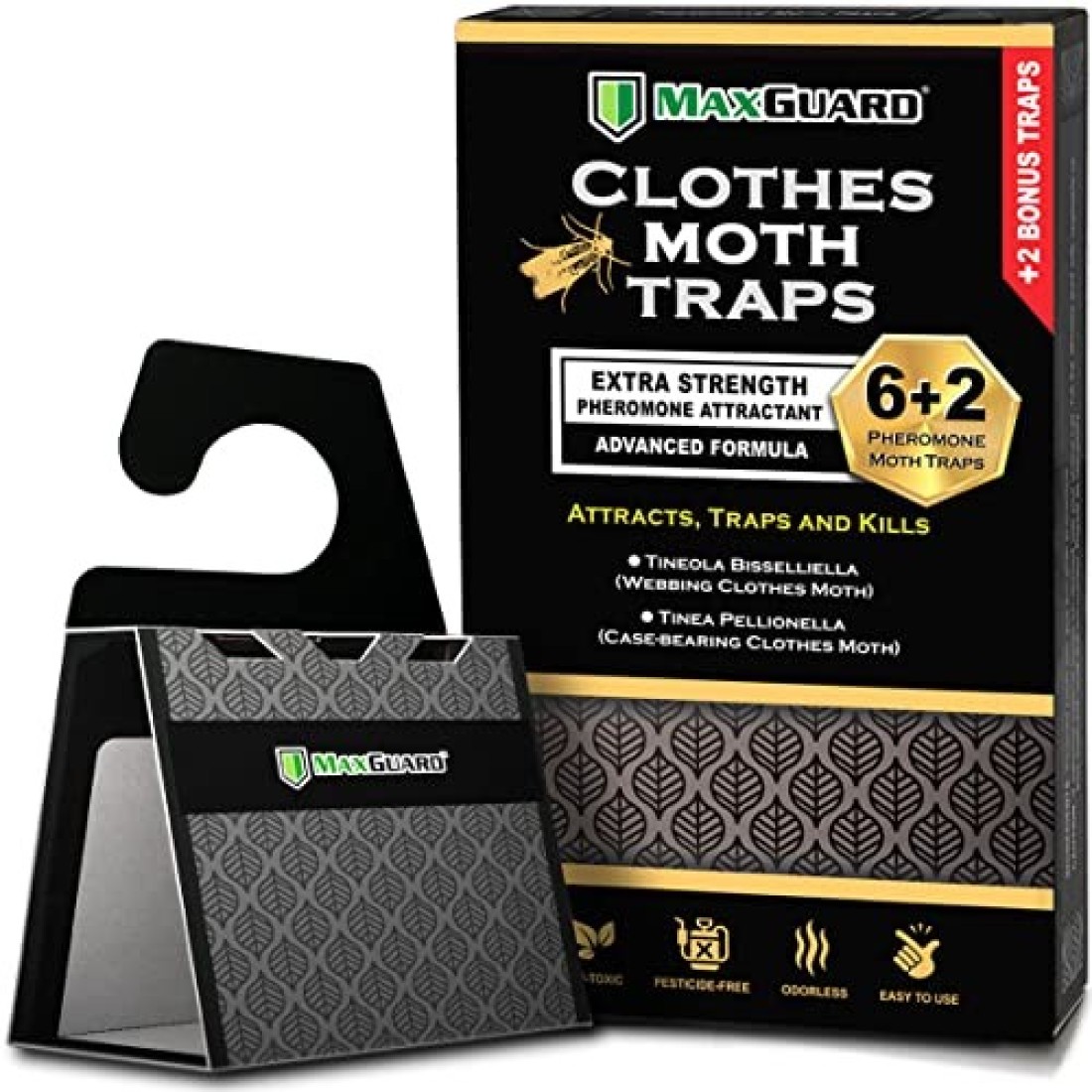 MaxGuard Clothes Moth Traps (6+2 Free Traps) with Extra Strength Pheromones Non-Toxic Sticky Glue Trap for Closets and Carpet Moths No Mothballs Lure, Trap and Kill Case-Bearing Webbing Moths