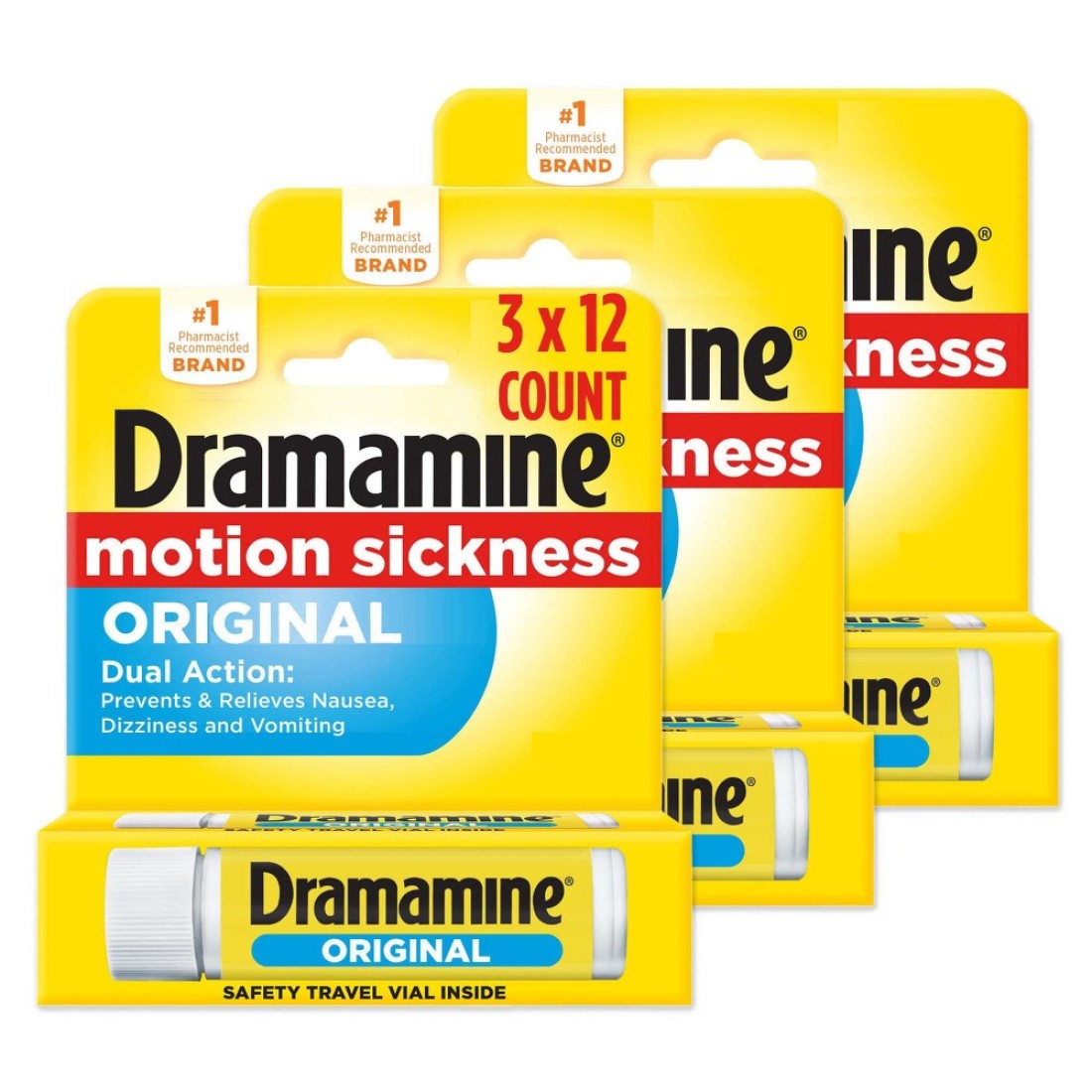 Dramamine Motion Sickness Original Travel Vial 12 Count 3 Pack