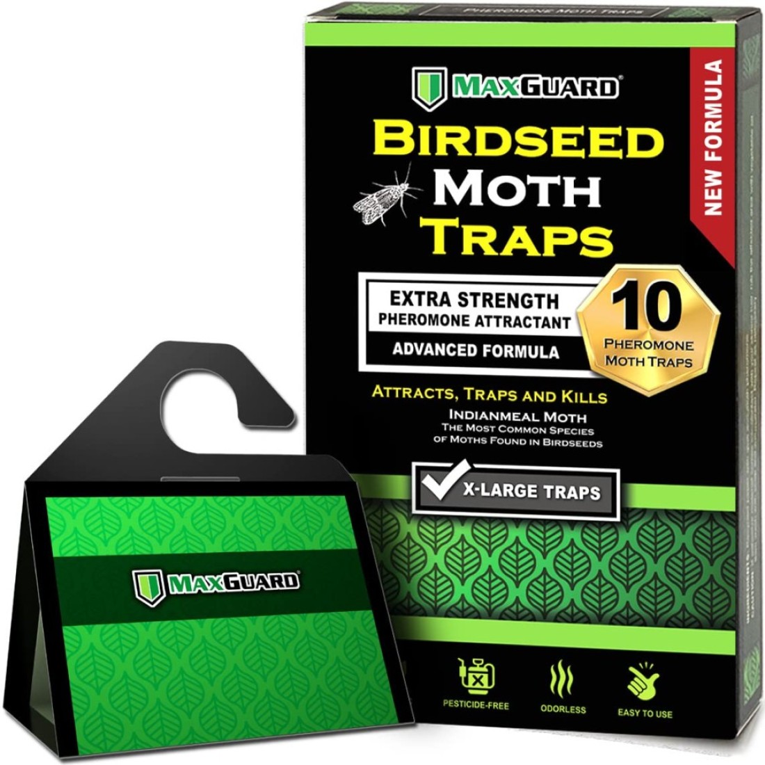 MaxGuard Birdseed Pantry Moth Traps (10 XL Pack) Extra Strength Pheromones Non-Toxic Extra Large Sticky Glue Trap for Bird Seed Storage Areas Attract, Trap and Kill Moths