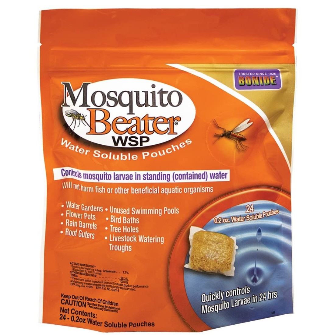 Bonide Mosquito Beater Water Soluble Pouches, Pack of 24 Pouches Control Mosquito Larvae in Standing Water, Won&#39;t Harm Fish