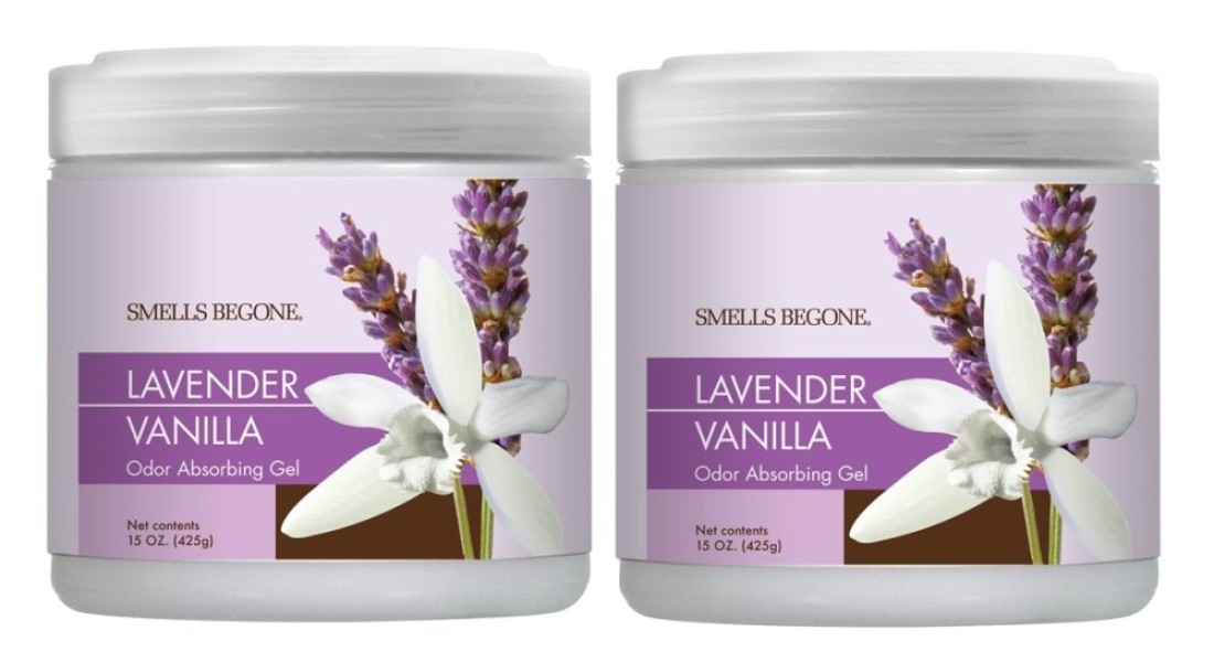 SMELLS BEGONE Air Freshener Odor Absorber Gel Made with Essential Oils Absorbs and Eliminates Odor in Pet Areas Bathrooms Cars Boats Lavender Vanilla Scent 15 Ounce 2 Pack