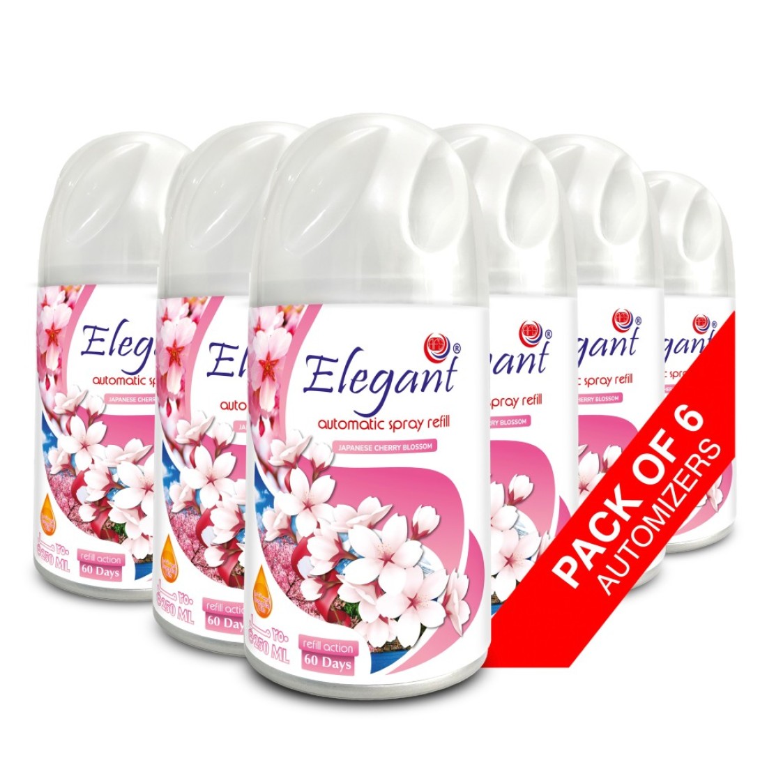 Elegant Automatic Spray REFILL &ndash; Japanese Cherry Blossom &ndash; 250ML &ndash; Pack of 6, 6-Pack (250ML x 6 Pcs) &ndash; Air Freshener REFILL for Home And Bathroom, Made With ESSENTIAL OILS
