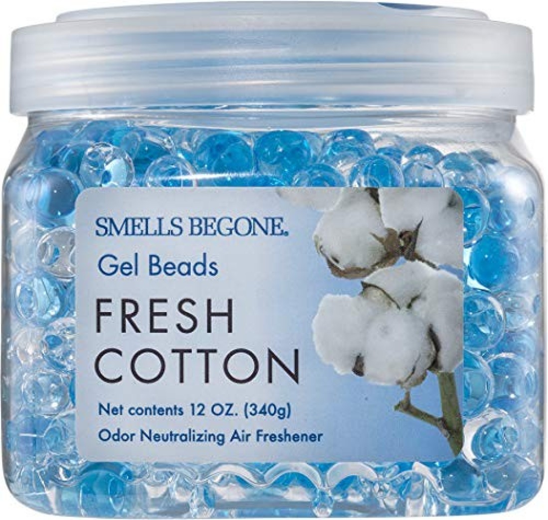 SMELLS BEGONE Odor Eliminator Gel Beads Air Freshener Eliminates Odor in Bathrooms Cars Boats RVs Pet Areas Made with Essential Oils Fresh Cotton Scent 12 Ounce