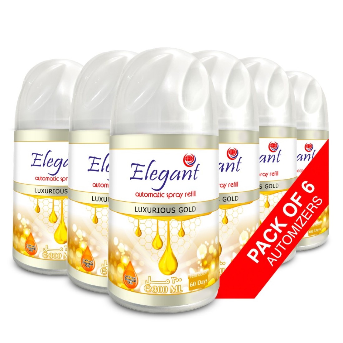 Elegant Automatic Spray REFILL &ndash; Luxurious Gold &ndash; 300ML &ndash; Pack of 6, 6-Pack (300ML x 6 Pcs) &ndash; Air Freshener REFILL for Home And Bathroom, Made With ESSENTIAL OILS