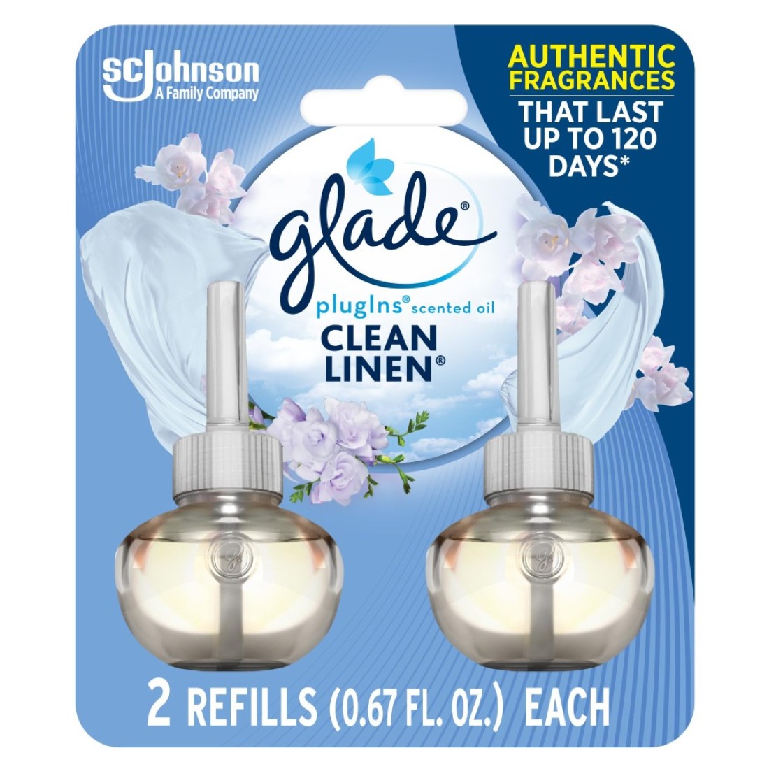 Glade PlugIns Refills Air Freshener Scented and Essential Oils for Home and Bathroom Clean Linen 134 Fl Oz 2 Count