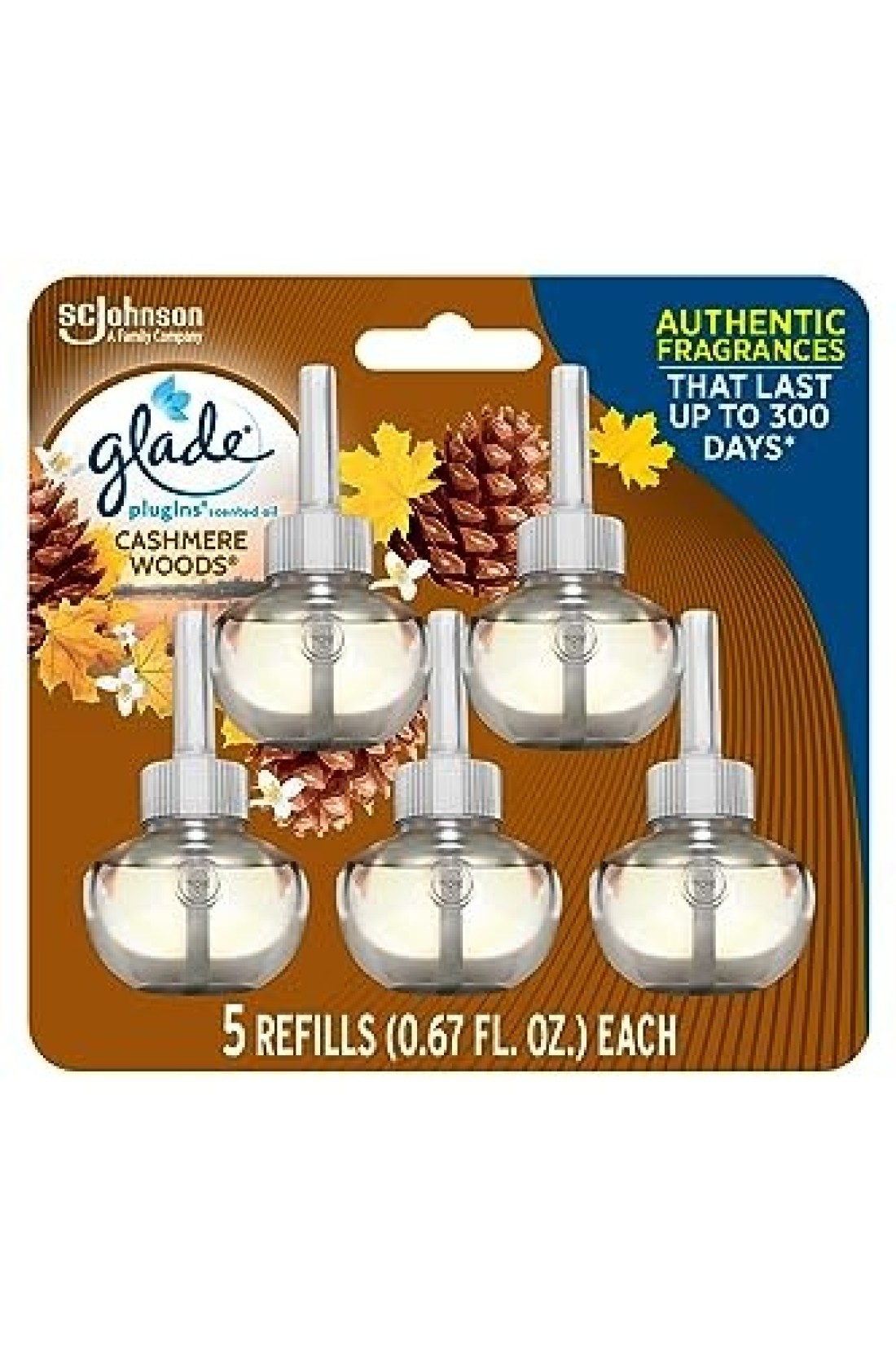 Glade PlugIns Refills Air Freshener, Scented and Essential Oils for Home and Bathroom, Cashmere Woods, 3.35 Fl Oz, 5 Count