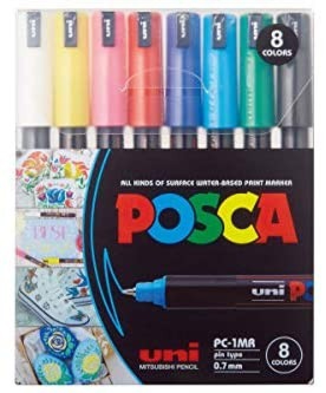 Uni-Posca Paint Marker Pen - Pc-1Mr Extra Fine 0.7mm, 8 Colors Water-Based Paint Marker.