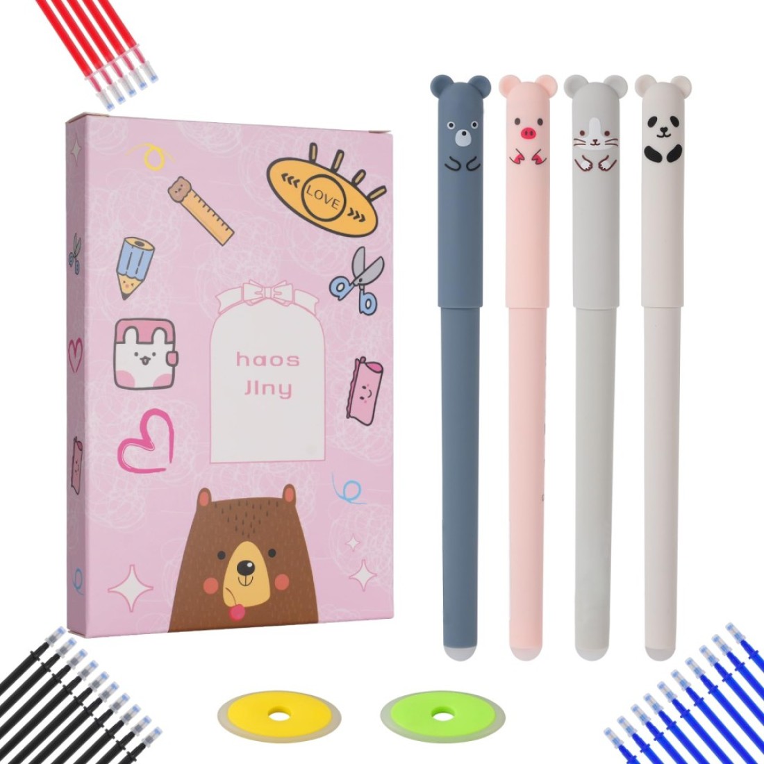 HAOSJINY Erasable Gel Pens 05mm Cute Erasable Pens Erasable Pens MulticolorBlackBlueRed Include 4 Pens 25 Refills 2 Eraser 31 Piece Set