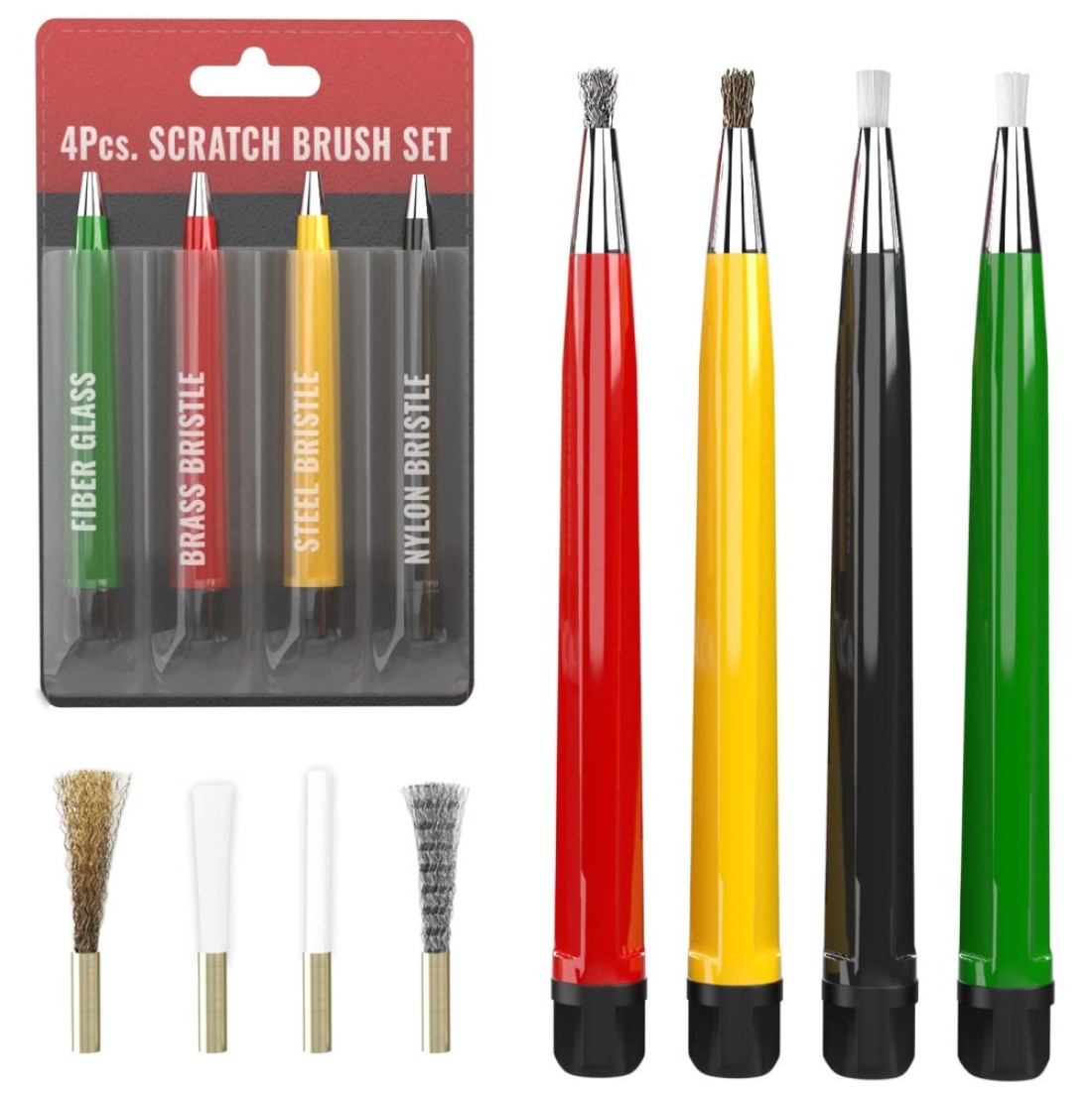 Pixiss Scratch Brush Pen Set With Replacement Tips Fiberglass Steel Brass Nylon 5inches Pen Style Prep Sanding Brush 4Pack For Corrosion Rust Jewelry Circuit Boards and Auto Body Work