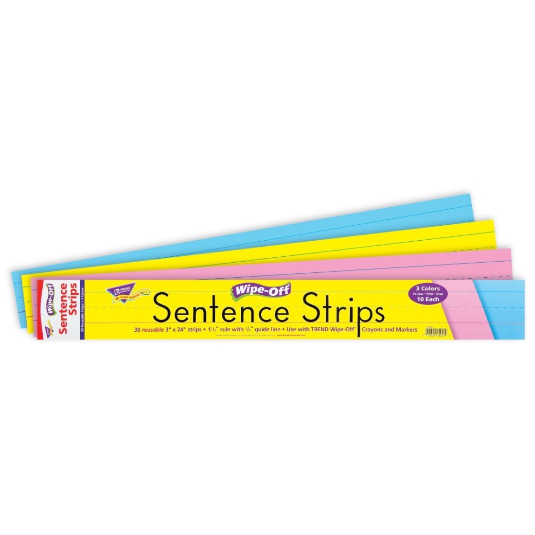 TREND WipeOff Sentence Strips 24 X 3 Blue Pink Yellow 30Pack