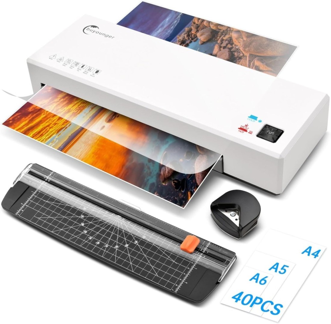 Buyounger Laminator, 4 in 1 Laminator Machine with 40 Laminating Sheets, A4 Laminating Machine Hot &amp; Cold with Paper Trimmer &amp; Corner Rounder, 9-Inch Personal Thermal Laminator for Home School Office