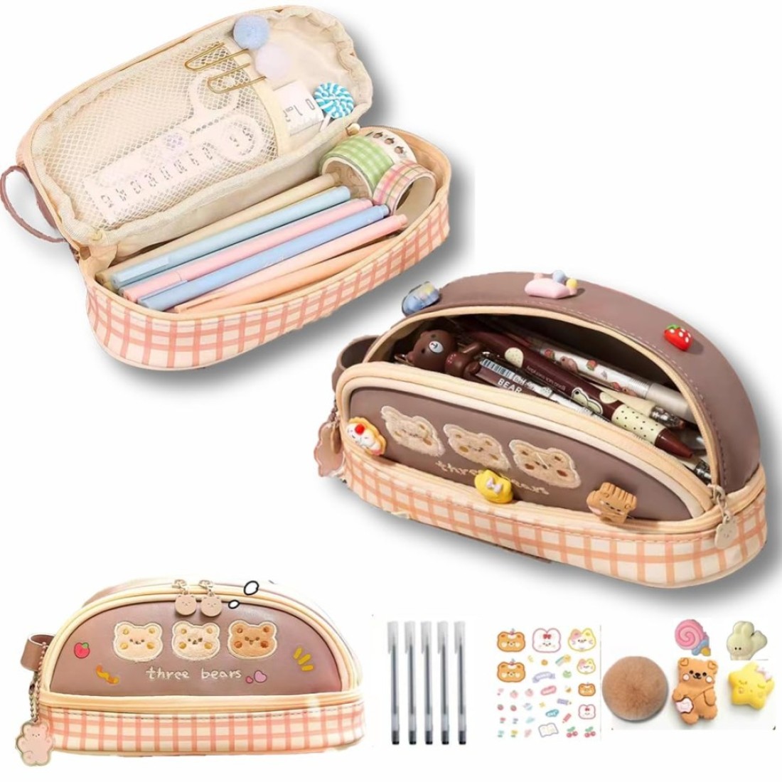ORTROLA Double Layer Stationery Organizer Box Cute Bear Big Size Pencil Case with Compartment Office Supply Organizer Stationery Box Best Birthday Present Brown Bear