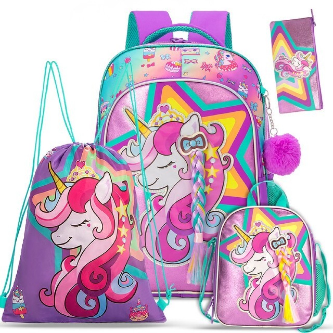 Eazy Kids - 18&quot; Set of 4 School Bag Lunch Bag Activity Bag &amp; Pencil Case Unicorn-Pink